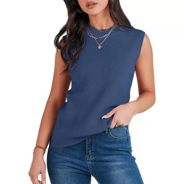 imageANRABESS Womens Mock Neck Knit Sweater Vest Casual Sleeveless Summer Trendy Ribbed Pullover Tank TopsDeep Blue