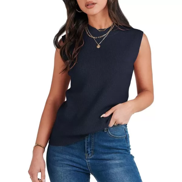 imageANRABESS Womens Mock Neck Knit Sweater Vest Casual Sleeveless Summer Trendy Ribbed Pullover Tank TopsNavy Blue