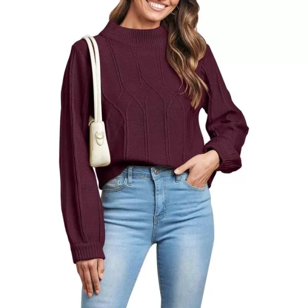 imageANRABESS Womens Mock Neck Long Sleeve Casual Loose Cable Knit Fall Cropped Pullover Sweater JumperBurgundy