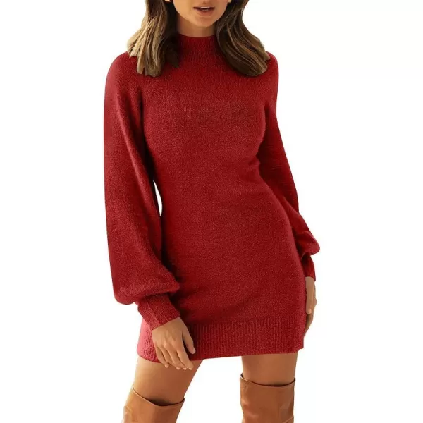imageANRABESS Womens Mock Neck Ribbed Long Sleeve Bodycon Pullover Cute Mini Sweater DressRust