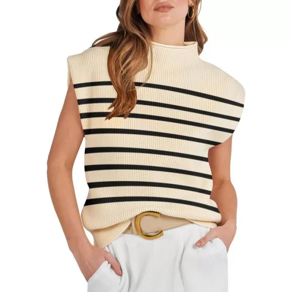 imageANRABESS Womens Mock Neck Sleeveless Sweater Vest Casual Cap Sleeve Knit Pullover Tank Tops 2024 Spring Summer ClothesStripe Beige