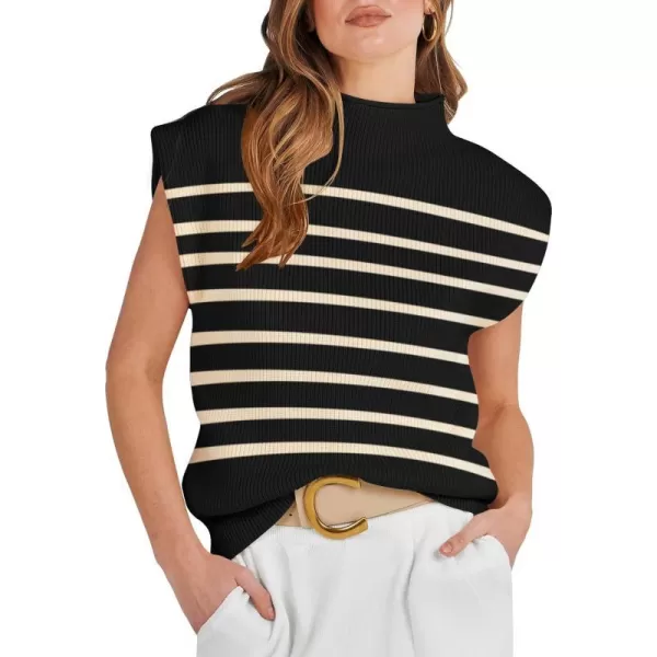 imageANRABESS Womens Mock Neck Sleeveless Sweater Vest Casual Cap Sleeve Knit Pullover Tank Tops 2024 Spring Summer ClothesStripe Black
