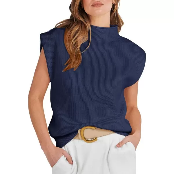imageANRABESS Womens Mock Neck Sleeveless Sweater Vest Casual Solid Cap Sleeve Knit Pullover Tank Tops 2024 Spring ClothesDark Blue