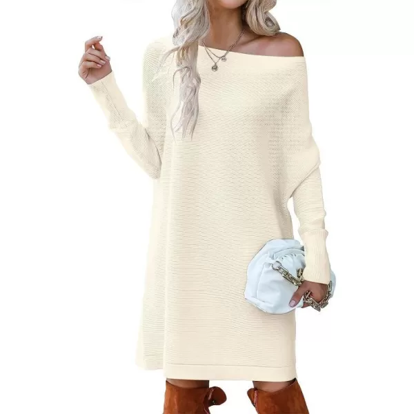 imageANRABESS Womens Off Shoulder Boat Neck Long Batwing Sleeve Casual Loose Oversized Pullover Tunic SweatersApricot