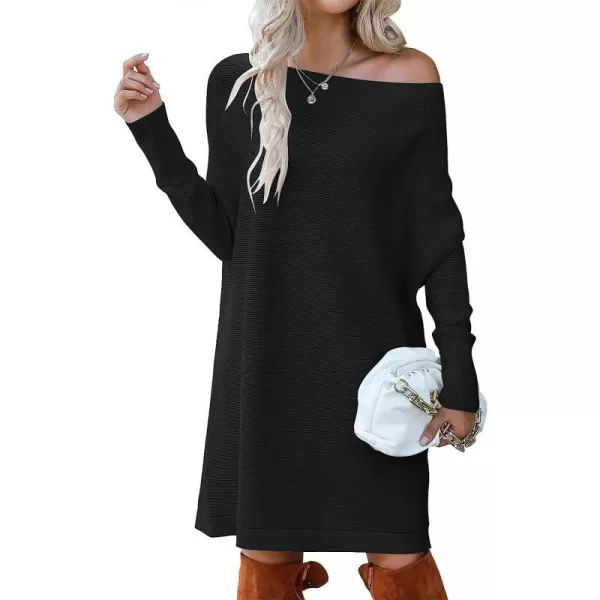 imageANRABESS Womens Off Shoulder Boat Neck Long Batwing Sleeve Casual Loose Oversized Pullover Tunic SweatersBlack