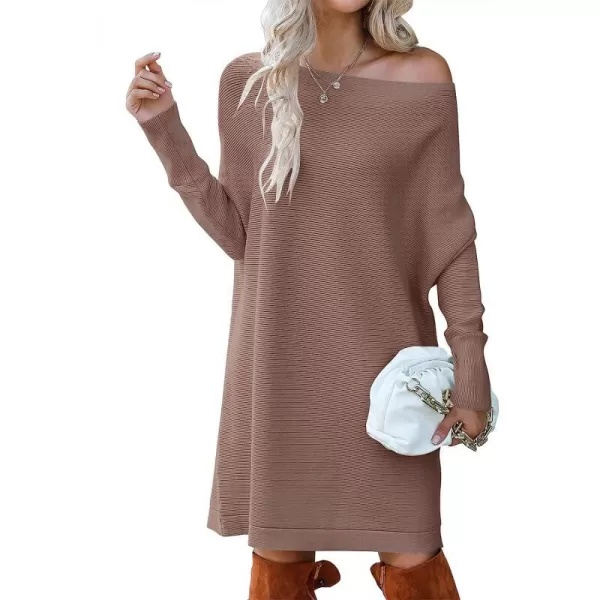 imageANRABESS Womens Off Shoulder Boat Neck Long Batwing Sleeve Casual Loose Oversized Pullover Tunic SweatersBrown