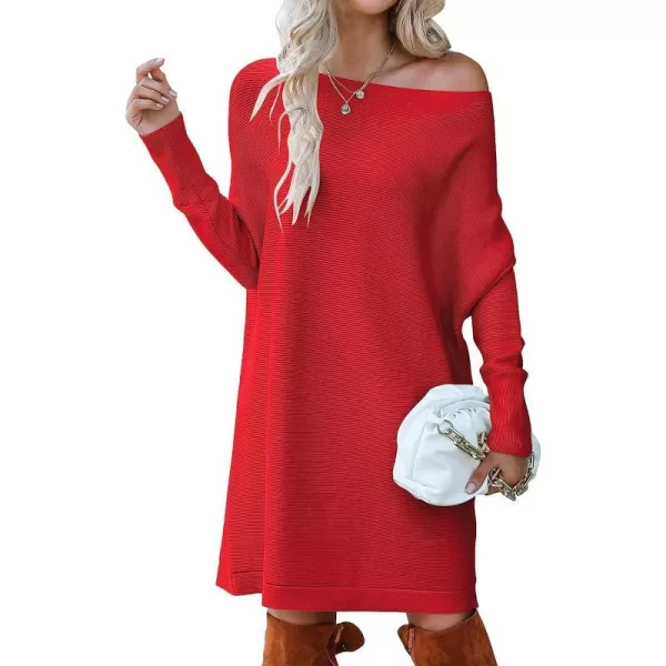 imageANRABESS Womens Off Shoulder Boat Neck Long Batwing Sleeve Casual Loose Oversized Pullover Tunic SweatersRed