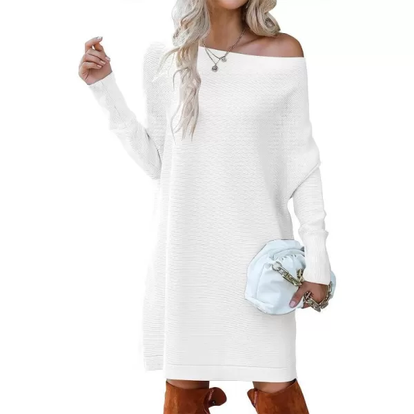 imageANRABESS Womens Off Shoulder Boat Neck Long Batwing Sleeve Casual Loose Oversized Pullover Tunic SweatersWhite