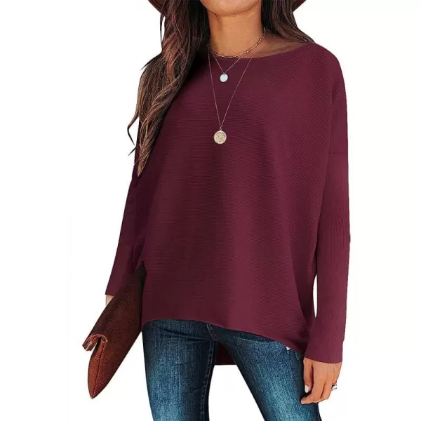 imageANRABESS Womens Off Shoulder Long Batwing Sleeve Oversized Pullover High Low Dolman Sweater Knit Loose Jumper Tunics TopsBurgundy