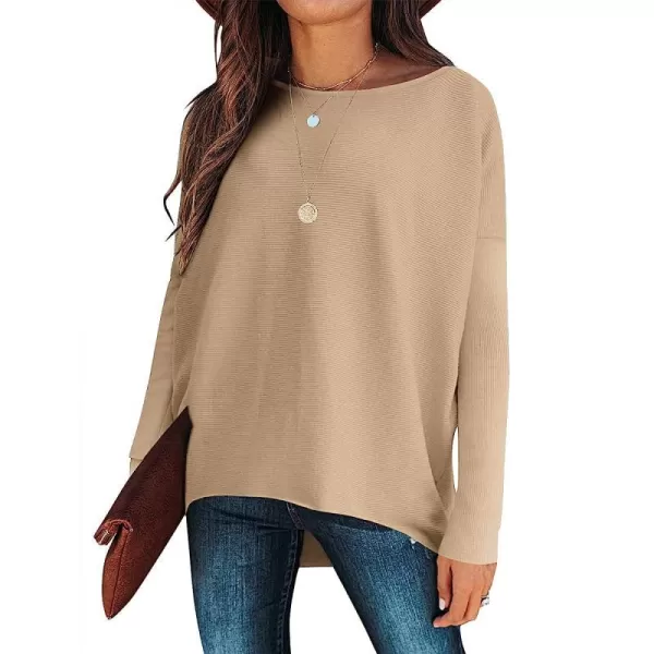 imageANRABESS Womens Off Shoulder Long Batwing Sleeve Oversized Pullover High Low Dolman Sweater Knit Loose Jumper Tunics TopsDeep Apricot