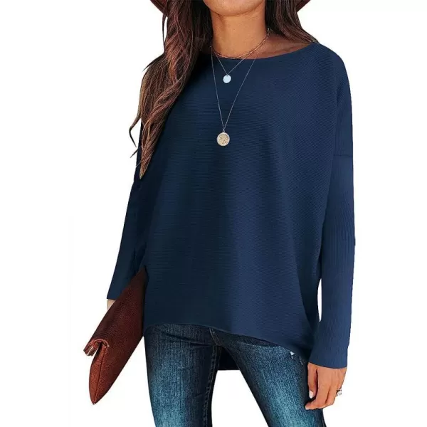 imageANRABESS Womens Off Shoulder Long Batwing Sleeve Oversized Pullover High Low Dolman Sweater Knit Loose Jumper Tunics TopsNavy Blue
