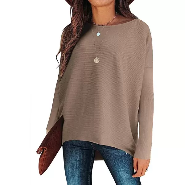 imageANRABESS Womens Off Shoulder Long Batwing Sleeve Oversized Pullover High Low Dolman Sweater Knit Loose Jumper Tunics TopsNutmeg