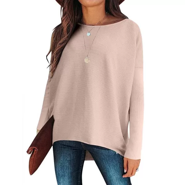 imageANRABESS Womens Off Shoulder Long Batwing Sleeve Oversized Pullover High Low Dolman Sweater Knit Loose Jumper Tunics TopsPink