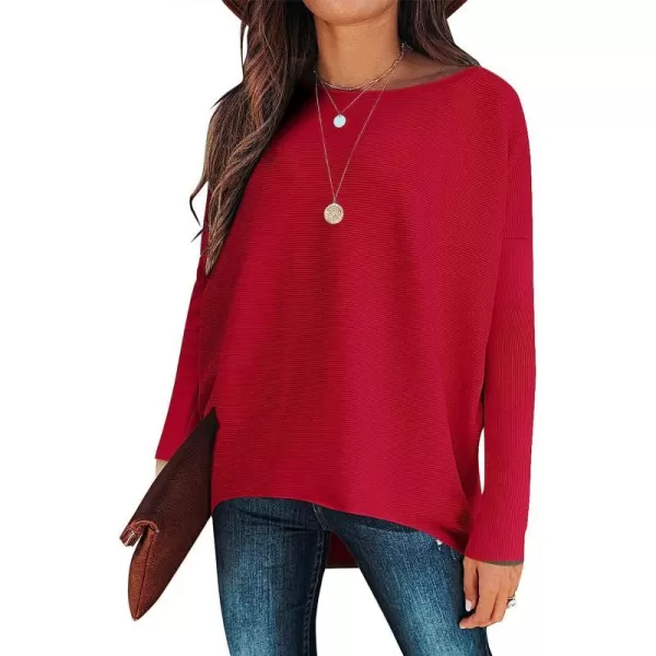 imageANRABESS Womens Off Shoulder Long Batwing Sleeve Oversized Pullover High Low Dolman Sweater Knit Loose Jumper Tunics TopsRed