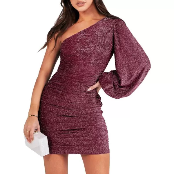 imageANRABESS Womens One Shoulder Cocktail Short Dress Glitter Sexy Ruched Bodycon Party Prom Formal Mini DressBurgundy
