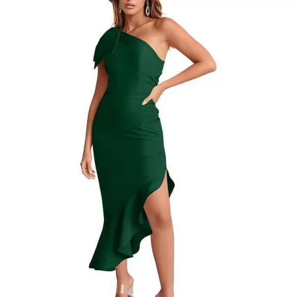 imageANRABESS Womens One Shoulder Formal Midi Dresses Sleeveless Bodycon Mermaid Ruffle Cocktail Wedding Guest DressGreen