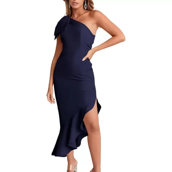 imageANRABESS Womens One Shoulder Formal Midi Dresses Sleeveless Bodycon Mermaid Ruffle Cocktail Wedding Guest DressNavy Blue