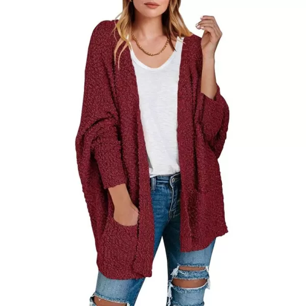 imageANRABESS Womens Open Front Fuzzy Cardigan Sweaters Batwing Sleeve Lightweight Oversized Loose Knit Sweater with PocketsWine Red