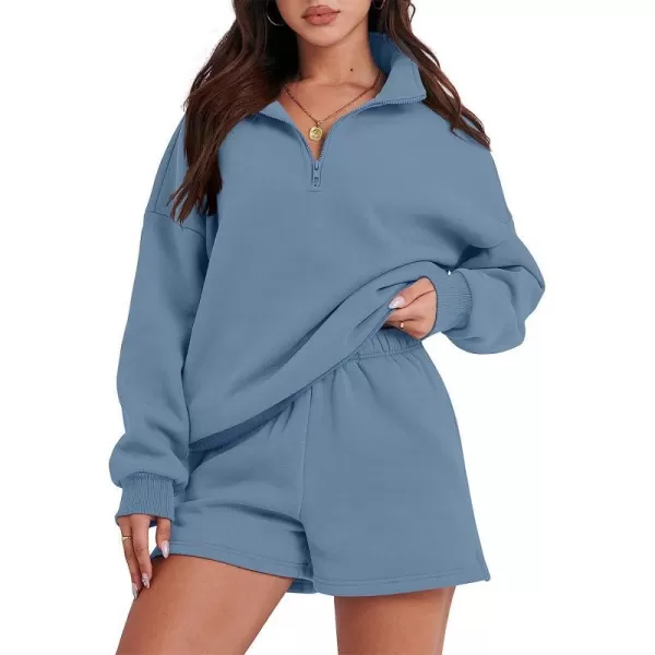 imageANRABESS Womens Oversized 2 Piece Lounge Sets Fall Outfits 2023 Long Sleeve Cozy Casual Pajamas Short Sweatsuit Sets06blue