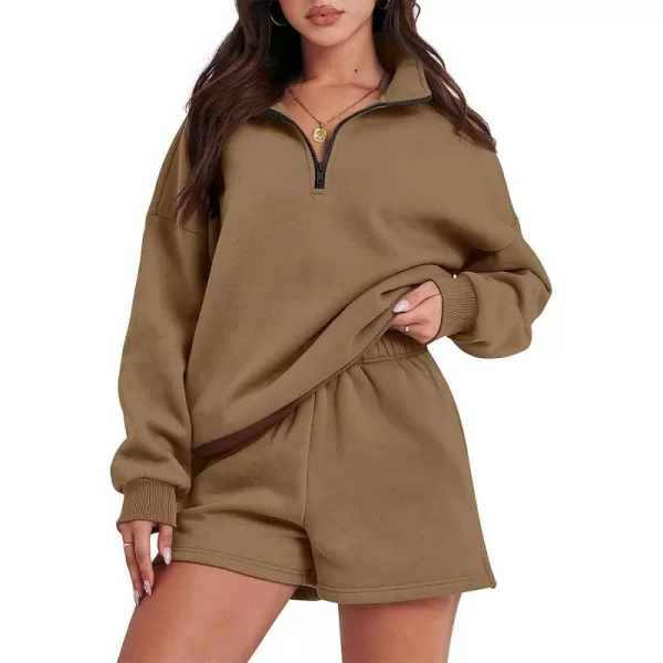 imageANRABESS Womens Oversized 2 Piece Lounge Sets Fall Outfits 2023 Long Sleeve Cozy Casual Pajamas Short Sweatsuit Sets09brown
