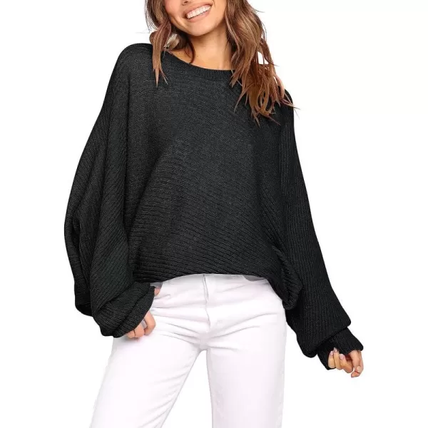 imageANRABESS Womens Oversized Crewneck Sweater Batwing Puff Long Sleeve Ribbed Slouchy Pullover SweaterBlack