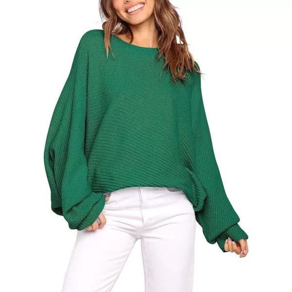 imageANRABESS Womens Oversized Crewneck Sweater Batwing Puff Long Sleeve Ribbed Slouchy Pullover SweaterGreen