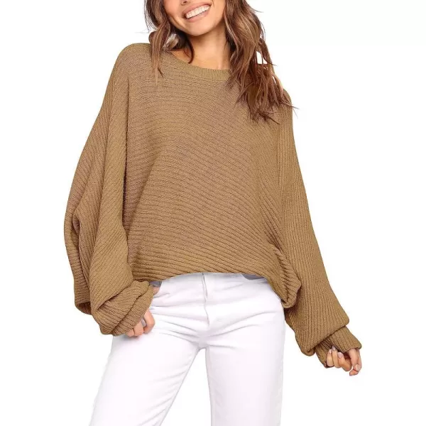 imageANRABESS Womens Oversized Crewneck Sweater Batwing Puff Long Sleeve Ribbed Slouchy Pullover SweaterKhaki