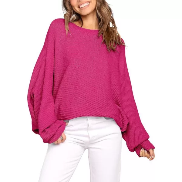 imageANRABESS Womens Oversized Crewneck Sweater Batwing Puff Long Sleeve Ribbed Slouchy Pullover SweaterRose