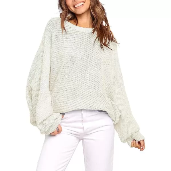 imageANRABESS Womens Oversized Crewneck Sweater Batwing Puff Long Sleeve Ribbed Slouchy Pullover SweaterWhite