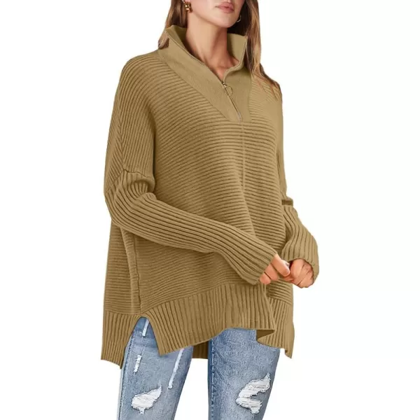 imageANRABESS Womens Oversized Half Zip Sweater Casual Knit Pullover Tunic Sweater with Slit 2023 Trendy Fall Winter ClothesCamel
