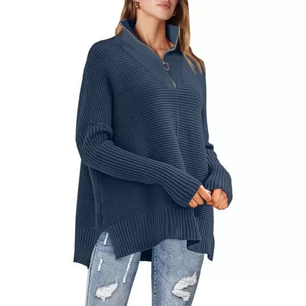imageANRABESS Womens Oversized Half Zip Sweater Casual Knit Pullover Tunic Sweater with Slit 2023 Trendy Fall Winter ClothesDark Blue