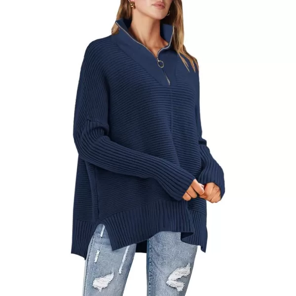 imageANRABESS Womens Oversized Half Zip Sweater Casual Knit Pullover Tunic Sweater with Slit 2023 Trendy Fall Winter ClothesNavy Blue