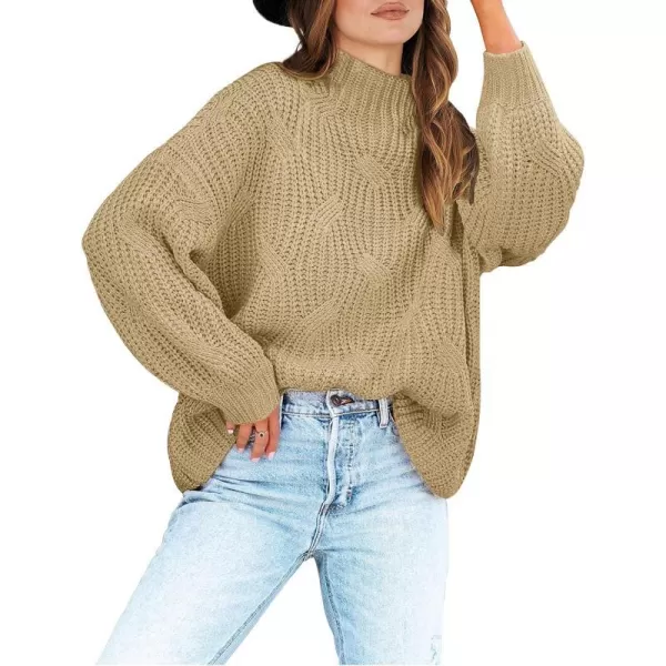imageANRABESS Womens Oversized Mock Turtle Neck Long Sleeve Casual Loose Fit Chunky Cable Knit Fall Pullover Sweater TopKhaki