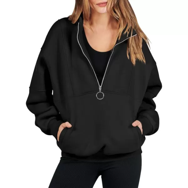 imageANRABESS Womens Oversized Quarter Zip Sweatshirt Long Sleeve Drop Shoulder Pullover Fleece Half Zip Hoodie Fall ClothesBlack