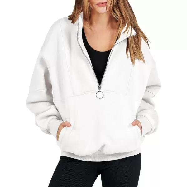 imageANRABESS Womens Oversized Quarter Zip Sweatshirt Long Sleeve Drop Shoulder Pullover Fleece Half Zip Hoodie Fall ClothesWhite