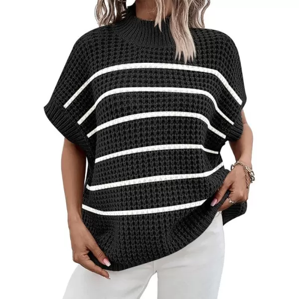 imageANRABESS Womens Oversized Short Batwing Sleeve Mock Neck Sweater Vest 2024 Spring Sleeveless Sweaters Knit Pullover TopsBlack White Stripe