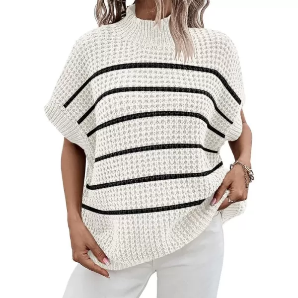 imageANRABESS Womens Oversized Short Batwing Sleeve Mock Neck Sweater Vest 2024 Spring Sleeveless Sweaters Knit Pullover TopsWhite Black Stripe