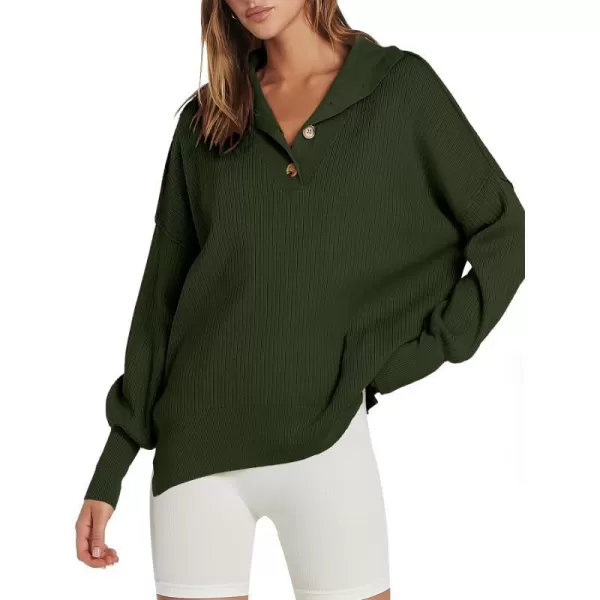 imageANRABESS Womens Oversized Sweater 2023 Fall Long Sleeve Button Up V Neck Collar Drop Shoulder Knit Pullover Shirt TopArmy Green