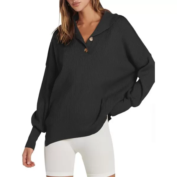 imageANRABESS Womens Oversized Sweater 2023 Fall Long Sleeve Button Up V Neck Collar Drop Shoulder Knit Pullover Shirt TopBlack