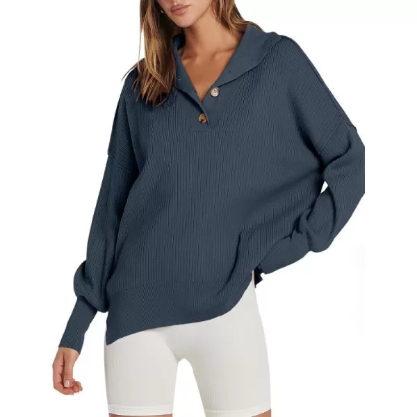 imageANRABESS Womens Oversized Sweater 2023 Fall Long Sleeve Button Up V Neck Collar Drop Shoulder Knit Pullover Shirt TopDusty Blue