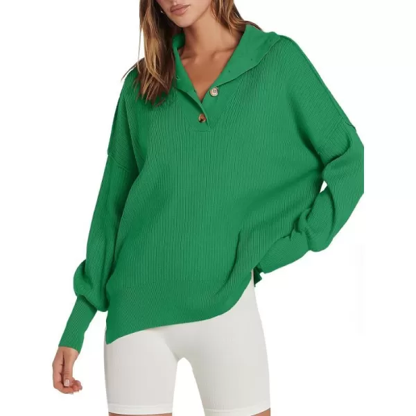 imageANRABESS Womens Oversized Sweater 2023 Fall Long Sleeve Button Up V Neck Collar Drop Shoulder Knit Pullover Shirt TopGreen