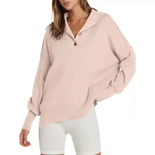 imageANRABESS Womens Oversized Sweater 2023 Fall Long Sleeve Button Up V Neck Collar Drop Shoulder Knit Pullover Shirt TopPink