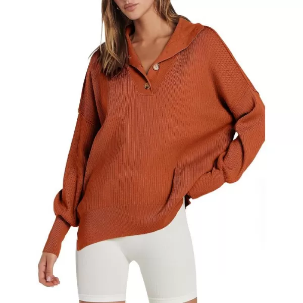 imageANRABESS Womens Oversized Sweater 2023 Fall Long Sleeve Button Up V Neck Collar Drop Shoulder Knit Pullover Shirt TopRust