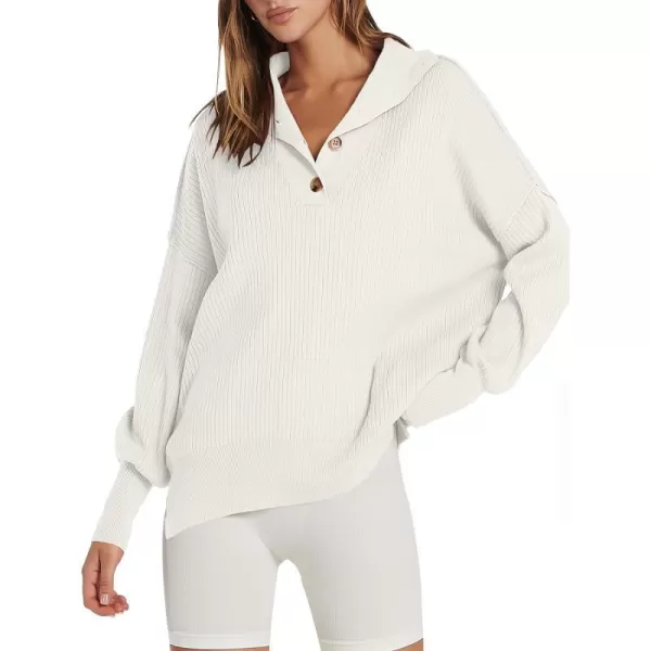 imageANRABESS Womens Oversized Sweater 2023 Fall Long Sleeve Button Up V Neck Collar Drop Shoulder Knit Pullover Shirt TopWhite