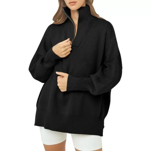 imageANRABESS Womens Oversized Sweater 2023 Fall Long Sleeve Quarter Zipper Collar Drop Shoulder Slouchy Pullover TopsBlack