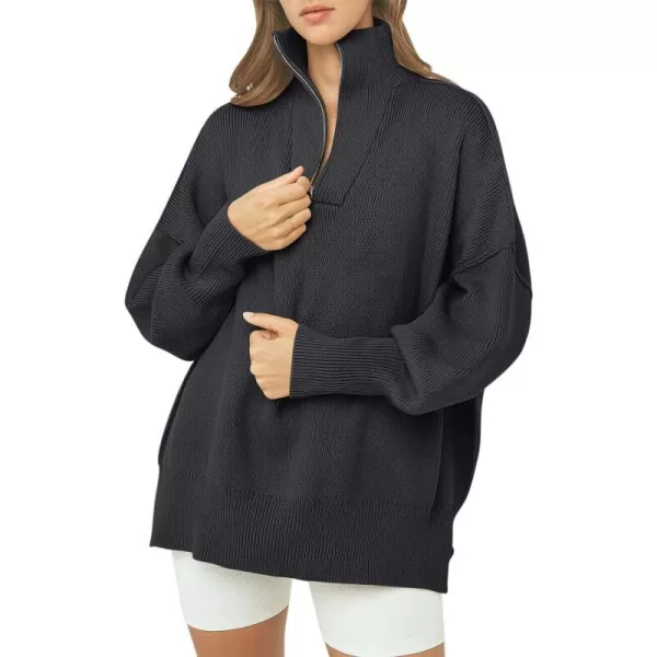 imageANRABESS Womens Oversized Sweater 2023 Fall Long Sleeve Quarter Zipper Collar Drop Shoulder Slouchy Pullover TopsBlack Blue