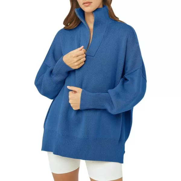 imageANRABESS Womens Oversized Sweater 2023 Fall Long Sleeve Quarter Zipper Collar Drop Shoulder Slouchy Pullover TopsBlue