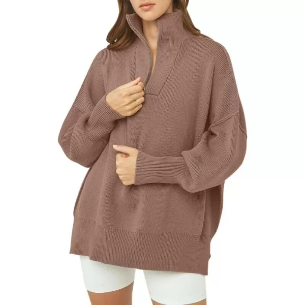 imageANRABESS Womens Oversized Sweater 2023 Fall Long Sleeve Quarter Zipper Collar Drop Shoulder Slouchy Pullover TopsBrown
