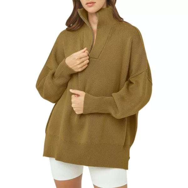 imageANRABESS Womens Oversized Sweater 2023 Fall Long Sleeve Quarter Zipper Collar Drop Shoulder Slouchy Pullover TopsCamel