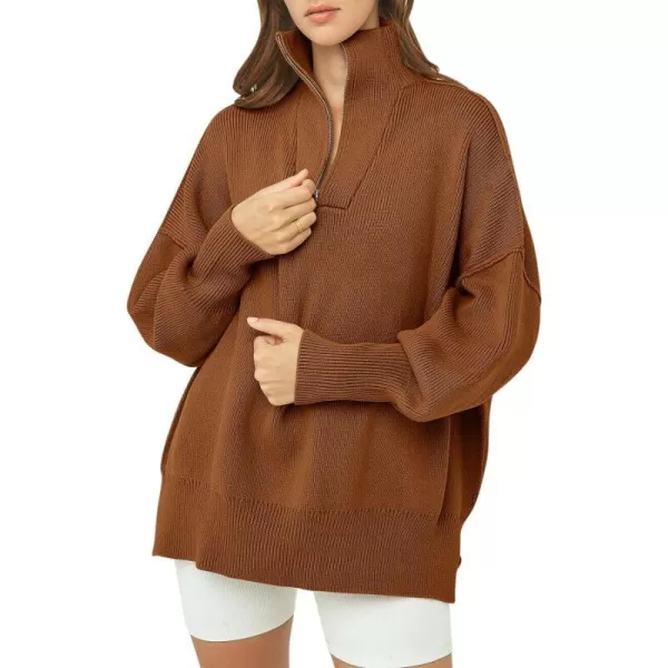 imageANRABESS Womens Oversized Sweater 2023 Fall Long Sleeve Quarter Zipper Collar Drop Shoulder Slouchy Pullover TopsCoffee